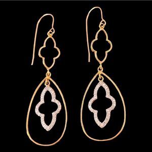NEW Gold Over Sterling Modern Long Clover Diamond Dangle Wire Earrings